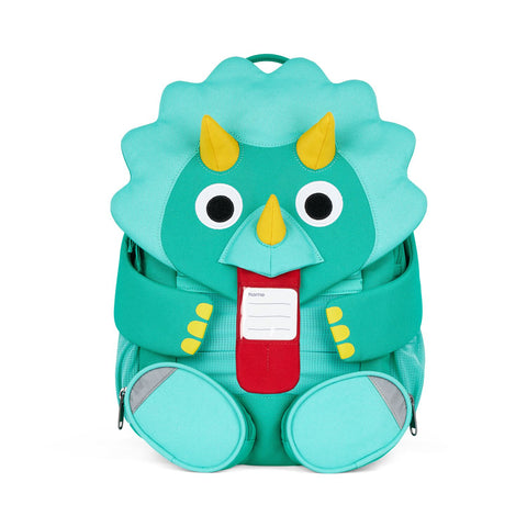 Der Affenzahn - Großer Freund Dino ist ein türkisfarbener Kindergartenrucksack in Form eines Cartoon-Dinosauriers, mit Hörnern, Augen und einem Namensschild - ideal als personalisierbarer Kinderrucksack für Ihr Kind.