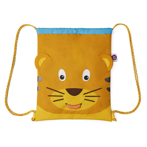 Affenzahn Turnbeutel - Tiger: Dieser Kordelzugbeutel zeigt ein verspieltes Cartoon-Tigergesicht, hergestellt aus recyceltem Polyester mit gelbem Boden, blauem oberen Rand und gelben Kordelzügen.