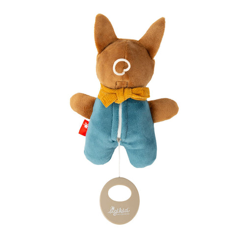 Ein braunes Baby Mini Spieluhr Fuchs Plüschtier mit einer gelben Fliege und einem blauen Outfit, mit einer Zugschnur und einem runden beigen Ring an der Unterseite.