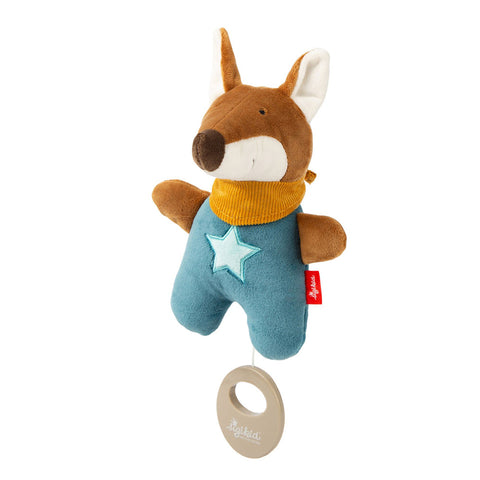 Die Baby Mini Spieluhr Fuchs trägt ein blaues Outfit mit Stern und gelbem Schal, hat einen Zugring und ist personalisierbar - ideal für kleine Träumer!.