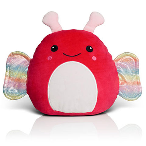 Der Mumbles Squidgy - Schmetterling (Personalisierbar) ist ein plüschiger rosa Schmetterling mit Fühlern, einem weißen Bauch, lächelndem Gesicht, regenbogenfarbenen Flügeln und aus hochwertigem Velours für extra Weichheit gefertigt.