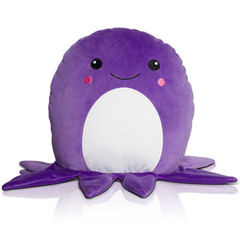 Der Mumbles Squidgy - Oktopus (personalisierbar) ist ein plüschiger lila Oktopus mit einem lächelnden Gesicht, rosa Wangen und einem weißen Bauch, der aufrecht auf einer weißen Fläche sitzt.