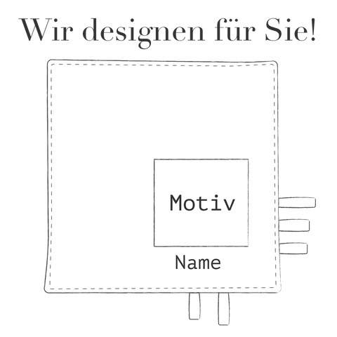 Ein technisches Diagramm mit deutschem Text "Wir designen für Sie!" über einer beschrifteten Komponente, zeigt Motiv- und Namensfelder-perfekt als handgemachtes Geschenk dank unseres Individuellen Schmusedecken-Designservice.