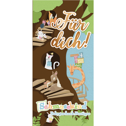 Illustration von Tieren, die Geschenke auf einen Baum tragen, mit dem deutschen Text Für dich! und Schmusekind Babygeschenk-Boutique-ideal zum Verschenken eines Physischer Schmusekind Gutscheins (per Post verschickt) an werdende Eltern.