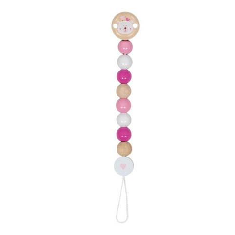 Die Schnullerkette Eisbär, pink besteht aus abwechselnd rosa, weißen und natürlichen Holzperlen mit einem Bärengesicht an der Spitze und einer Schlaufe zum Befestigen eines Schnullers - ein niedliches Accessoire für Babys.
