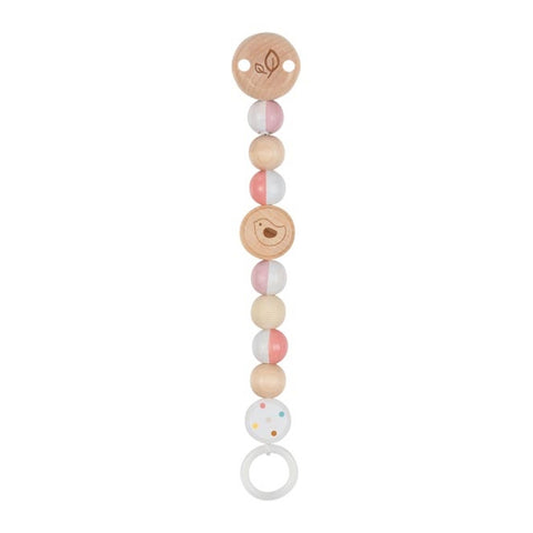 Die Schnullerkette Vogel ist eine Perlenschnullerkette mit Holz- und Silikonperlen in Natur-, Rosa- und Weißtönen, mit einem niedlichen Vogelmotiv und einer sicheren Schlaufe - ein ideales stylisches Holz Baby Accessoire.