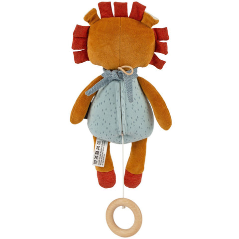Die Baby Spieluhr Löwe von Sigikid ist ein Plüsch-Löwe mit blauem Outfit, Stoffmähne und Zugschnur mit Holzring - perfekt als kuscheliger musikalischer Freund für Ihr Kind.