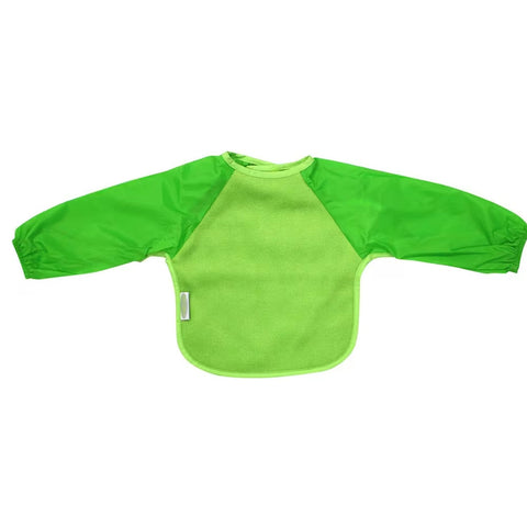 Das Silly Billyz Lätzchen, Vlies - Langarm (12 Monate - 3 Jahre) ist ein leuchtend grünes Kinderlätzchen mit wasserabweisenden Nylon-Ärmel, elastischen Bündchen, und Rundhalsausschnitt. Maschinenwaschbar, abgebildet flach auf weißem Hintergrund.