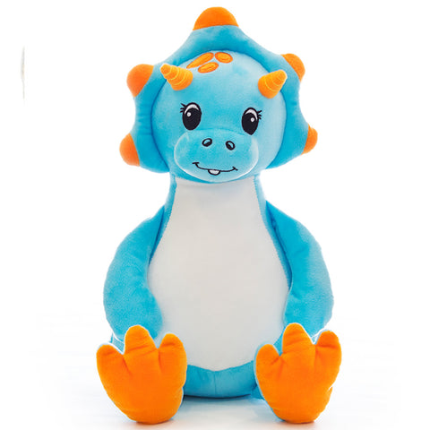 Sir Monty, der blaue Dinosaurier, ist ein plüschiges Kuscheltier aus weichem Polyester mit weißem Bauch, großen Augen, kleinen Hörnern und orangen Füßen. Es sitzt aufrecht vor weißem Hintergrund und ist maschinenwaschbar.