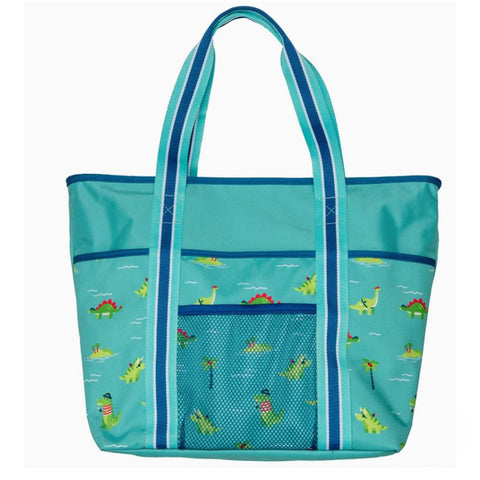 Die Große Strandtasche - Dino ist eine türkisfarbene Strandtasche mit blau gestreiften Griffen, verspielten Dinosaurier-Motiven und einer praktischen Netztasche auf der Vorderseite - ein ideales Accessoire für Kinder am Strand.