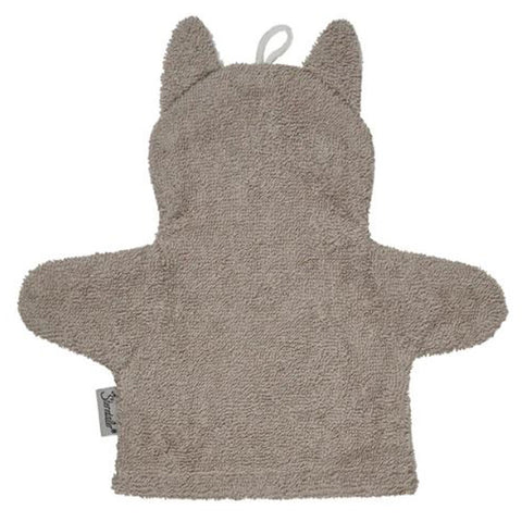 Der Spiel-Waschhandschuh Katze Lilly (NEU!) ist ein grauer Frottee-Badehandschuh in Form einer Katze mit aufrechten Ohren und breiten Armen, perfekt als Baby-Waschlappen oder spielerische Handpuppe für die Badezeit.