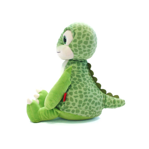 Der Signatur-Dinosaurier - Big Mike, ein grüner Plüsch-Dinosaurier aus der Cubbies-Design Kollektion mit Tupfenmuster, ist aufrecht sitzend im Seitenprofil auf weißem Hintergrund abgebildet.