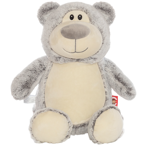Cubbyford, grauer Bär ist ein grauer und beiger Plüschteddybär mit lächelndem Gesicht und runden Ohren, der aufrecht sitzt - dieser liebenswerte Kuschelbär ist perfekt zum Kuscheln.