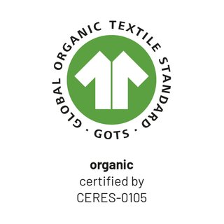 Die Rassel Hund trägt das grün-weiße Logo des Global Organic Textile Standard (GOTS) mit der Aufschrift "Bio-zertifiziert durch CERES-0105". Hergestellt in Deutschland aus kontrolliert biologischem Anbau (kbA).