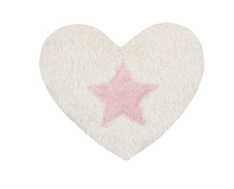 Das Efie Kirschkern-Wärmekissen Stern rosa - Bio ist ein herzförmiges, weißes, flauschiges Wärmekissen mit einem rosa Stern in der Mitte, hergestellt aus weicher Bio-Baumwolle, abgebildet auf einem einfarbig weißen Hintergrund.