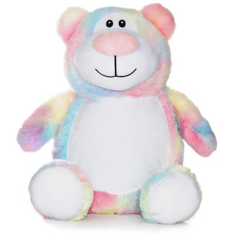 Cubbyford - der pastellfarbene Bär: Dieses einzigartige Kuscheltier mit Regenbogenmuster, weißem Bauch, runden Ohren und fröhlichem Gesicht ist ein besonderer Begleiter für jedes Alter.