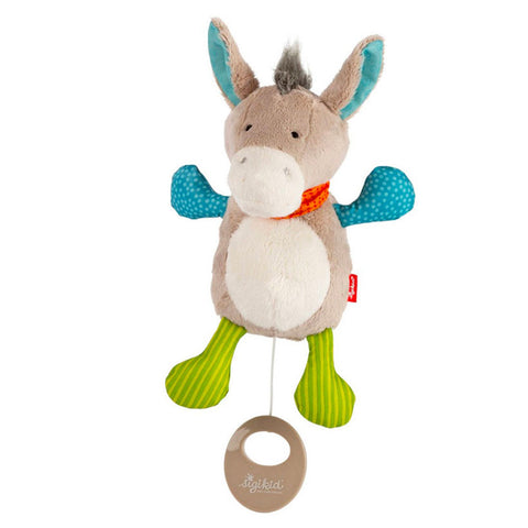 Die Baby Minispieluhr Esel ist ein Plüschesel mit blauen Ohren, gepunkteten Armen, grünen Beinen und einem roten Halstuch. Es verfügt über einen Zugring und spielt personalisierbare Melodien für Ihr Baby.