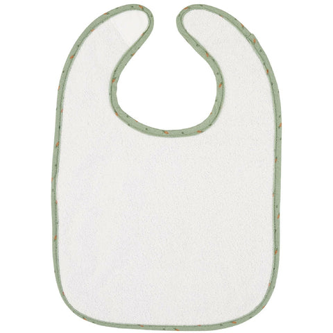Ein Plastik-Klettlätzchen Esel Emmilius, Motiv Garten, in weiß mit hellgrüner Umrandung liegt flach auf einem weißen Hintergrund.