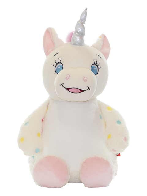 Aurora, das gepunktete Einhorn - ein Plüschtier Geschenk mit weißem Körper, blauen Augen, silbernem Horn, pinken Hufen und bunten Punkten für magische Momente.