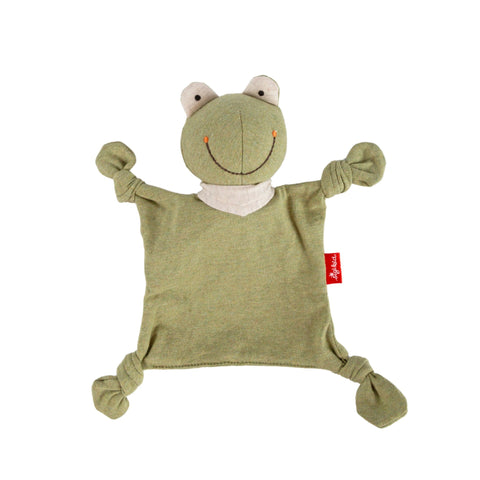 Mini Jersey Schnuffeltuch Frosch: Weiches grünes Schnuffeltuch mit verknoteten Ecken, einem lächelnden Froschgesicht und rotem Seitenanhänger - ideal für die sensorische Entwicklung. Wird auf weißem Hintergrund angezeigt.