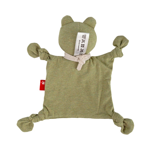 Mini Jersey Schnuffeltuch Frosch: Grünes Schnuffeltuch aus weichem Jersey mit geknoteten Ecken, einem Froschkopf, Pflegeetikett und rotem Anhänger - perfekt für die sensorische Entwicklung.