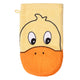 Der Ente mais Spiel-Waschhandschuh ist ein gelb-oranger Cartoon-Enten-Waschhandschuh mit schwarz-gepunkteten Augen und orangefarbenem Schnabel aus weicher Frottierware für eine schonende Reinigung.