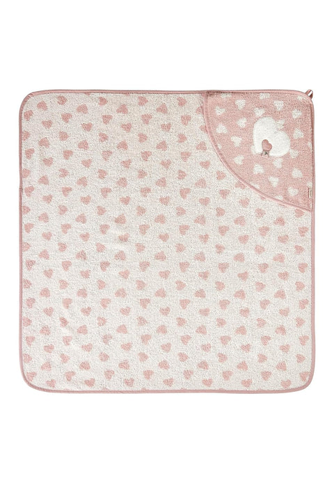 Das Kapuzenbadetuch Emmi Girl 80x80cm ist ein rechteckiges Kinder-Kapuzenhandtuch aus 100% Baumwolle, mit einem rosa-weißen Herzmotiv und einer Kapuzenecke mit weißer Bärensilhouette.