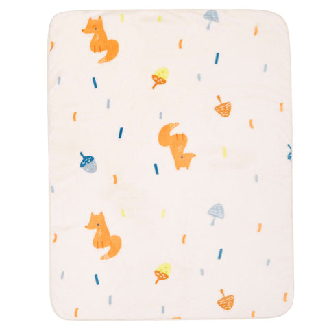 NEU! Sterntaler Babydecke Fuchs Filou Plüsch (75 x 100 cm): Weiße Babydecke mit orangefarbenen Füchsen, blauen und gelben Eicheln sowie bunten Linien im kindgerechten Design.