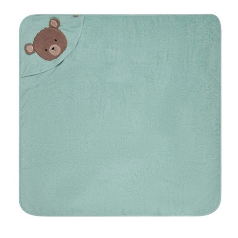 Das Bär Bo Kapuzenbadetuch in minzgrün (100x100cm, NEU!) von Sterntaler zeigt ein niedliches gesticktes Braunbärengesicht mit Ohren an der Eckkapuze.