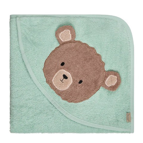 Ein mintgrünes Sterntaler Bär Bo Kapuzenhandtuch (100x100cm, NEU!) mit gesticktem Braunbärenmotiv und Ohren an der Ecke, sauber gefaltet.