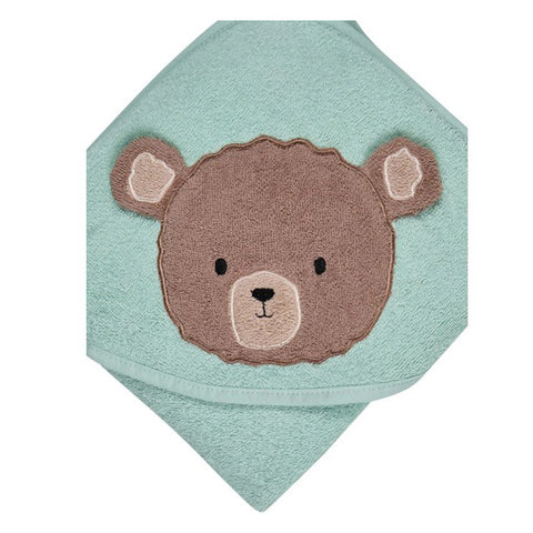 Ein mintgrünes Sterntaler Kapuzenbadetuch "Bär Bo" (100x100cm, NEU!) mit einem gestickten braunen Bärengesicht mit runden Ohren und neutralem Ausdruck.