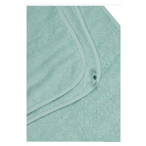 Nahaufnahme des gefalteten Sterntaler Kapuzenbadetuches "Bär Bo" in mintgrün, Größe 100x100cm, mit abgerundeten Ecken, sichtbaren Randnähten und einem niedlichen Bärenmotiv. NEU!.