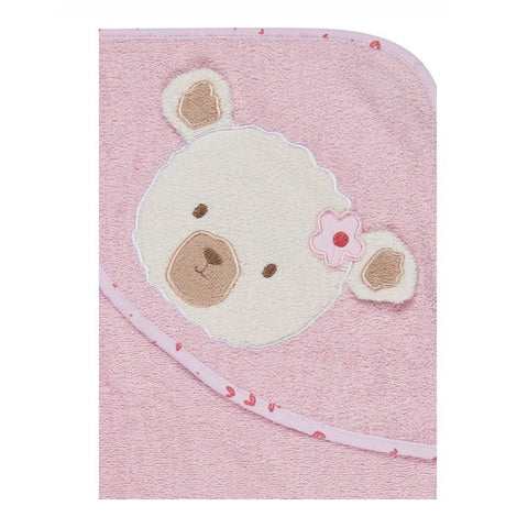 Das Kapuzenbadetuch Bär Betty in Rosa (100x100cm, NEU) besteht aus weichem Frottee und Baumwolle, mit gesticktem Bärengesicht, Blume am Ohr und pinker Umrandung.