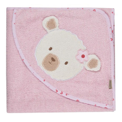 Kuschelweiches Kapuzenbadetuch "Bär Betty" in Rosa (100x100cm) aus Frottee-Baumwolle mit gesticktem Bären-Gesicht und rosa Blümchen am Ohr. NEU!.