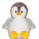 Der Cubbies Pinguin - Bingle mit grauem Kopf, Rücken, weißem Bauch sowie gelben Füßen und Schnabel sitzt aufrecht vor weißem Hintergrund - ideal für eine handbestickte Nachricht.