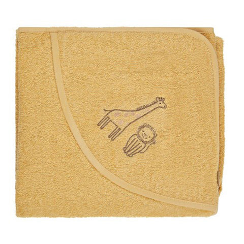 Gefaltetes gelbes Kapuzenhandtuch "Giraffe Kaya" (100x100cm, NEU) mit süßer Stickerei von Giraffe und Löwe auf der Kapuze - das ideale Handtuch für Babys.