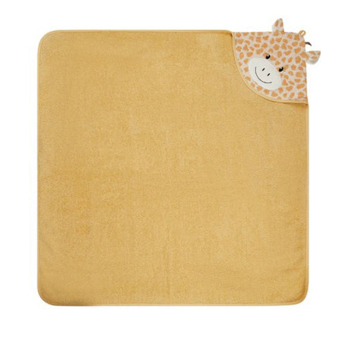 Das Giraffe Kaya Sand - 100x100cm NEU! ist ein gelbes Kapuzenhandtuch aus weicher Frottee-Baumwolle, mit einem niedlichen Giraffengesicht und Ohren an einer Ecke, flach auf weißem Hintergrund.
