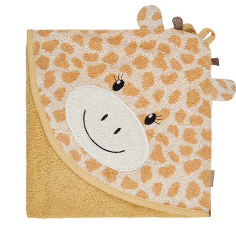 Das Giraffe Kaya Sand Kapuzenbadetuch (100x100cm, NEU!) besteht aus weicher Baumwolle, hat eine gelbe Frottee-Kapuze im Cartoon-Giraffenstil mit liebevollen Ohren und Hörnern in Braun- und Beigetönen.