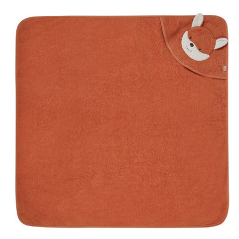 Das quadratische, rostfarbene Fuchs Filou rost Kapuzenbadetuch (100x100cm, NEU!) von Sterntaler hat eine Eckkapuze mit einem verspielten Fuchsgesicht und Ohren.