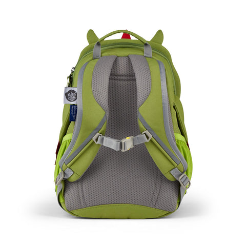 Affenzahn - Großer Freund Drachen: Grüner und grauer Kindergartenrucksack in Rückenansicht, mit gepolsterten, verstellbaren Trägern, Brustschnalle, Netzrückwand, kleiner Seitentasche und aus recycelten Materialien hergestellt.