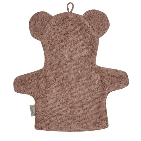 Der Waschhandschuh Bär Bo NEU! ist ein Waschhandschuh in Form eines braunen Bären mit abgerundeten Ohren, einer praktischen Schlaufe und Armaussparungen - perfekt für die Badezeit Ihres Babys.