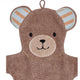 Der Waschhandschuh Bär Bo NEU! besteht aus einem braunen Handtuch mit einem Bärengesicht, blau-orange gestreiften Ohren, schwarzen Nähten und einer Schlaufe zum Aufhängen - perfekt für das Bad Ihres Babys.