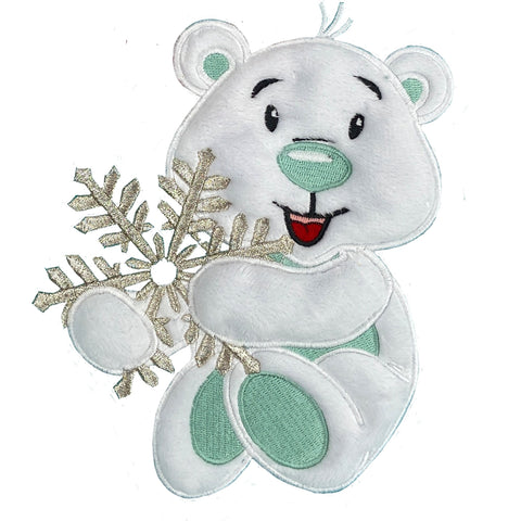 Ein Weihnachtsstrumpf Personalisiert - eisblau mit gesticktem Cartoon-Eisbären, glitzernder Schneeflocke und türkisfarbenen Akzenten - perfekt zum Personalisieren mit Namen und Motiv, Stickerei im Preis inklusive.