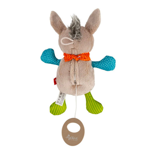 Die Baby Minispieluhr Esel ist ein Stofftier mit grauem Fell, blauen Armen, grünen Beinen, einer orangen Fliege und einer Zugschnur - hergestellt aus flauschigem Plüsch und mit personalisierbaren Melodien für Babys.